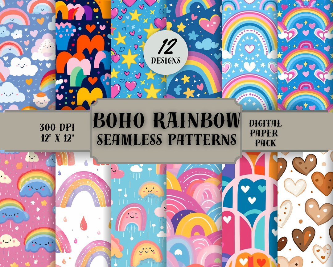 Boho Rainbow Seamless Patterns, Cute Boho Printable Digital Paper Pack ...