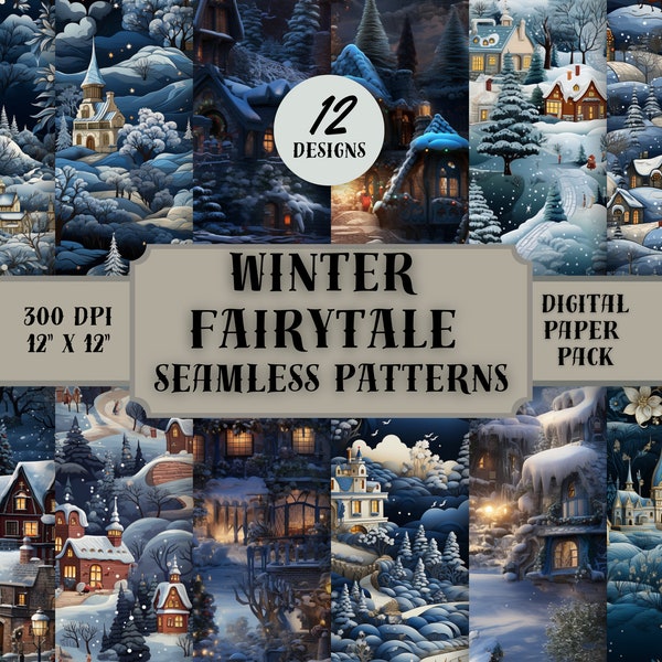 Winter Fairytale Seamless Patterns, Vintage Fairytale Ephemera, Fantasy Christmas, Vintage Christmas fairyland, Scrapbook printables,