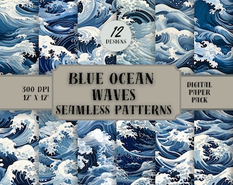 Blue Ocean Waves Unique Seamless Patterns, Scrapbooking and Decoupage Papers, Free Commercial Use