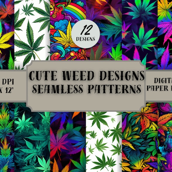 Stoner weed art digital papers in seamless patterns for decoupage & scrapbooking. Cannabis leaves designs.