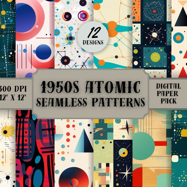 Mid-Century Atomic Papers, Atomic seamless patterns, 1950's digital papers, Atomic scrapbook, POD friendly, commercial use