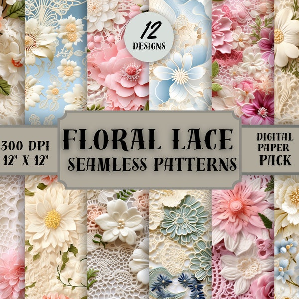 Floral lace seamless patterns, Digital flowers & lace, POD friendly, Cute flowers lace seamless patterns, Commercial use, Scrapbook papers