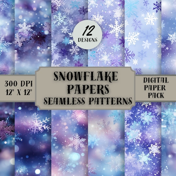 Snowflake Bokeh seamless patterns, Christmas paper with glitter and sparkles, Winter snow planner papers.
