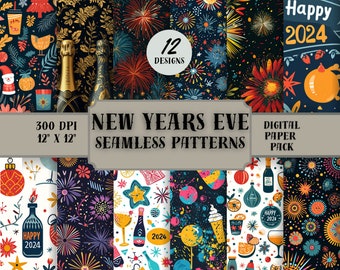 Happy 2024 Seamless patterns, New Year's Eve, 2024 Scrapbook and paper crafts projects, NYE papers, patterns and themes.