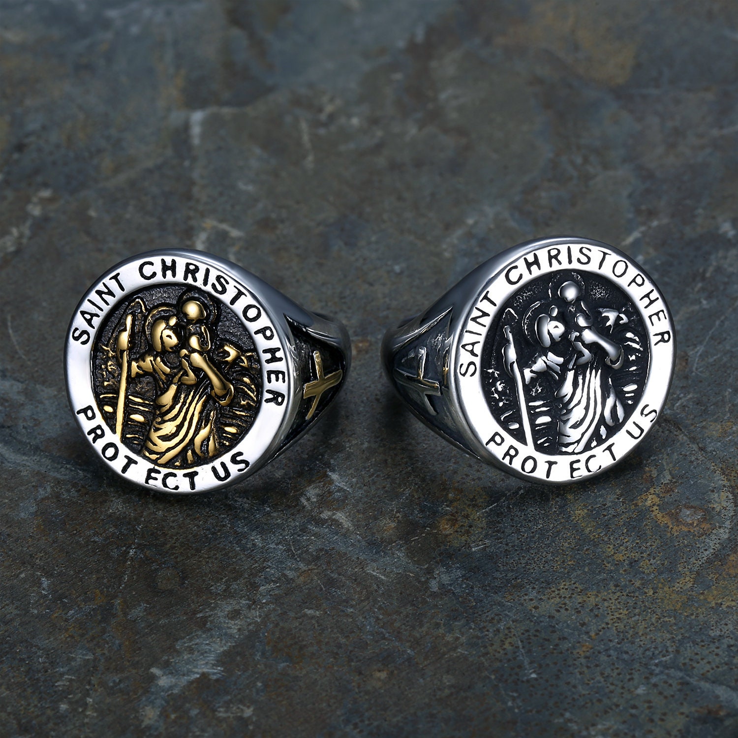 Saint Christopher Ring St Christoph Signet Ring Christ Child Jewelry  Catholic Bishop Deacon Christian Protect Us Silver 925 24k-gold-plated 