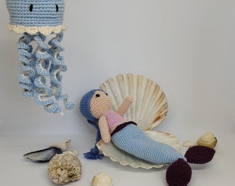 The Little Mermaid with Jolly Jellyfish crochet doll pattern (amigurumi tutorial PDF file)