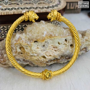 22K Gold-Plated lion head bangle bracelet, 925 Silver unisex bracelet for men and women, loe zodiac vintage jewelry