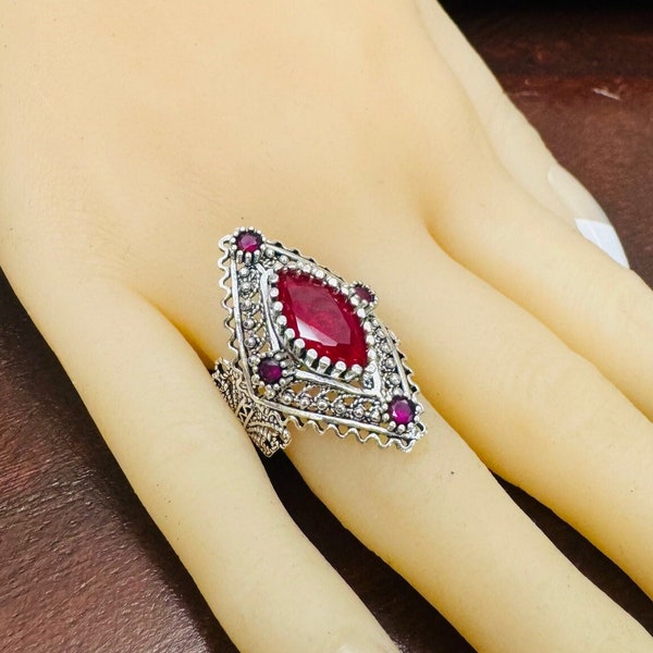 Bague vintage ottomane avec pierre rubis rouge, grande bague orientale en argent sterling 925 avec motif géométrique, bijoux turcs uniques pour cadeau