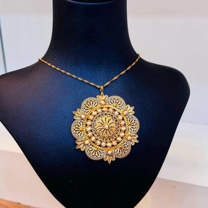 22K Gold-Plated floral talisman necklace, 925 Silver singapore golden chain with big round pendant, turkish jewelry from Mardin