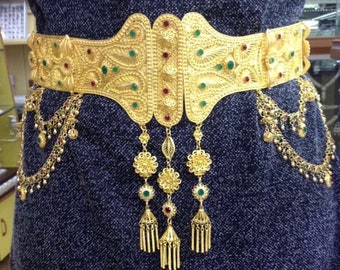 Gold-plated ottoman sultan belt with zircons, 925 Sterling silver woman belt, Mardin handmade jewelry accessories