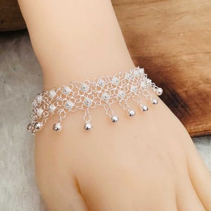 925 Sterling Silver filigree ornamental Bracelet with small hanging balls, openwork white bridal jewellery, turkish telkari from Mardin
