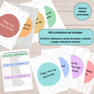Schede di traguardo per neonati prematuri in terapia intensiva neonatale da stampare e scaricare per celebrare i progressi del neonato in terapia intensiva neonatale, schede di traguardo ricordo dai colori dell'arcobaleno