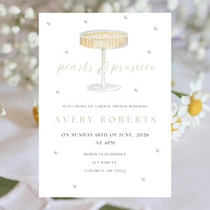 Pearls & Prosecco Bridal Shower Invitation Template | Editable Elegant Champagne Theme Invite | Modern Printable Shower Card