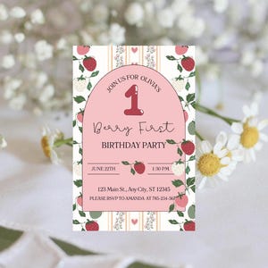 Berry First Birthday Invitation Girl | Strawberry 1st Birthday Party Invite | Editable Pink First Birthday Template | Instant Download