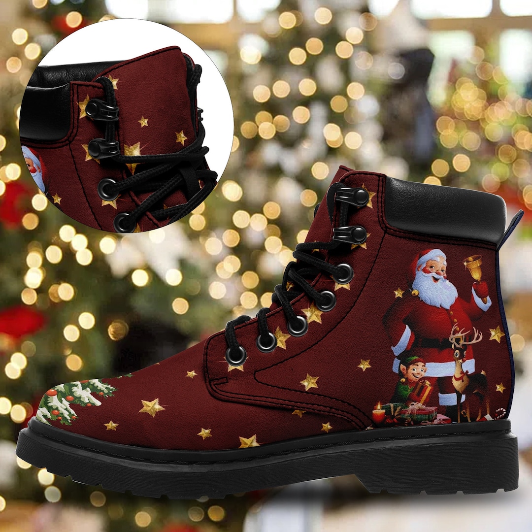 Custom Christmas Santa Boots,lace up Leather Boots,women Fashion Comfortable Ankle Boots