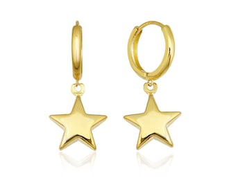 14 K Solid Gold Star Dangle Huggie Hoop Earrings • Star Dangle Hoop Earrings • Gold Huggie Earrings • Huggies Earrings