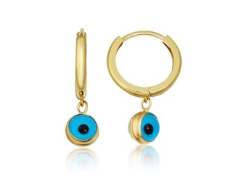 14 K Solid Gold Evil Eye Hoop Earrings • Huggie Hoop Earrings • Gold Huggie Earrings • Huggies Earrings • Gold Huggies • Solid Gold Huggies