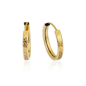 14K Solid Gold Greek Key Hoop Earrings 16mm • Greek Hoop Earrings • Minimal Gold Hoops • 14K Yellow Gold Earrings