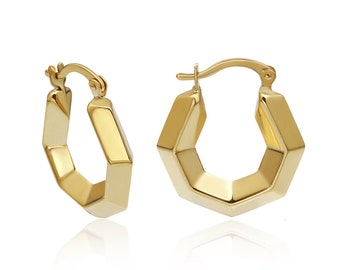 14 K Solid Gold Hexagon Hoop Earrings 20 Mm • Hexagon Hoop Earrings • Gold Hexagon Earrings • Hexagon Earrings • Solid Gold Earring