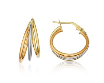 14K Solid Gold Tri Color Triple Round Hoop Earrings • Hoop Earrings  • Rose Yellow White Earrings  • Tri Color Hoop Earrings  • Gold Earring