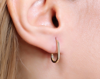 14 K Solid Gold Oval Hoop Earrings 10x17 mm • Huggies Tiny Gold Hoop Earrings • Geometric Rectangle Hoop Earring • Gold Earrings