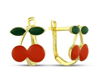 14K Solid Gold Cherry Earrings • Earrings for Kids • Cherry Earrings • Gift For Child • Kids Gift