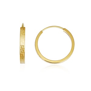 14K Solid Gold Greek Key Hoop Earrings 19mm • Meander Hoop Earrings • Minimal Gold Hoops • 14K Yellow Gold Earrings