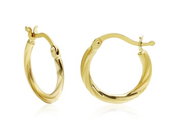 14k Solid Gold Hoop Earrings 15 mm • 14k Gold Twisted Huggies • 14k Thin Twisted Hoops • Twisted Hoops • Gold Circle Twisted Hoop