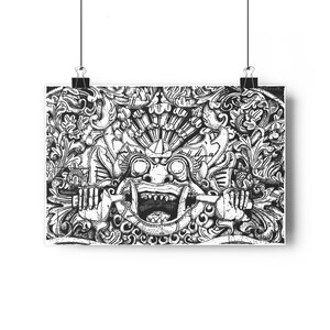 Barong Ancient Wall Temple Carving, Indonesia - Giclée Print, Pen and Ink Art