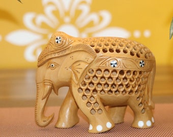 Wooden Jali Trunk up Elephant statue, 6&quot; Elephant inside Elephant Figurine| Hand Carved| Wood Carved| Carved Elephant| African Jali Carved
