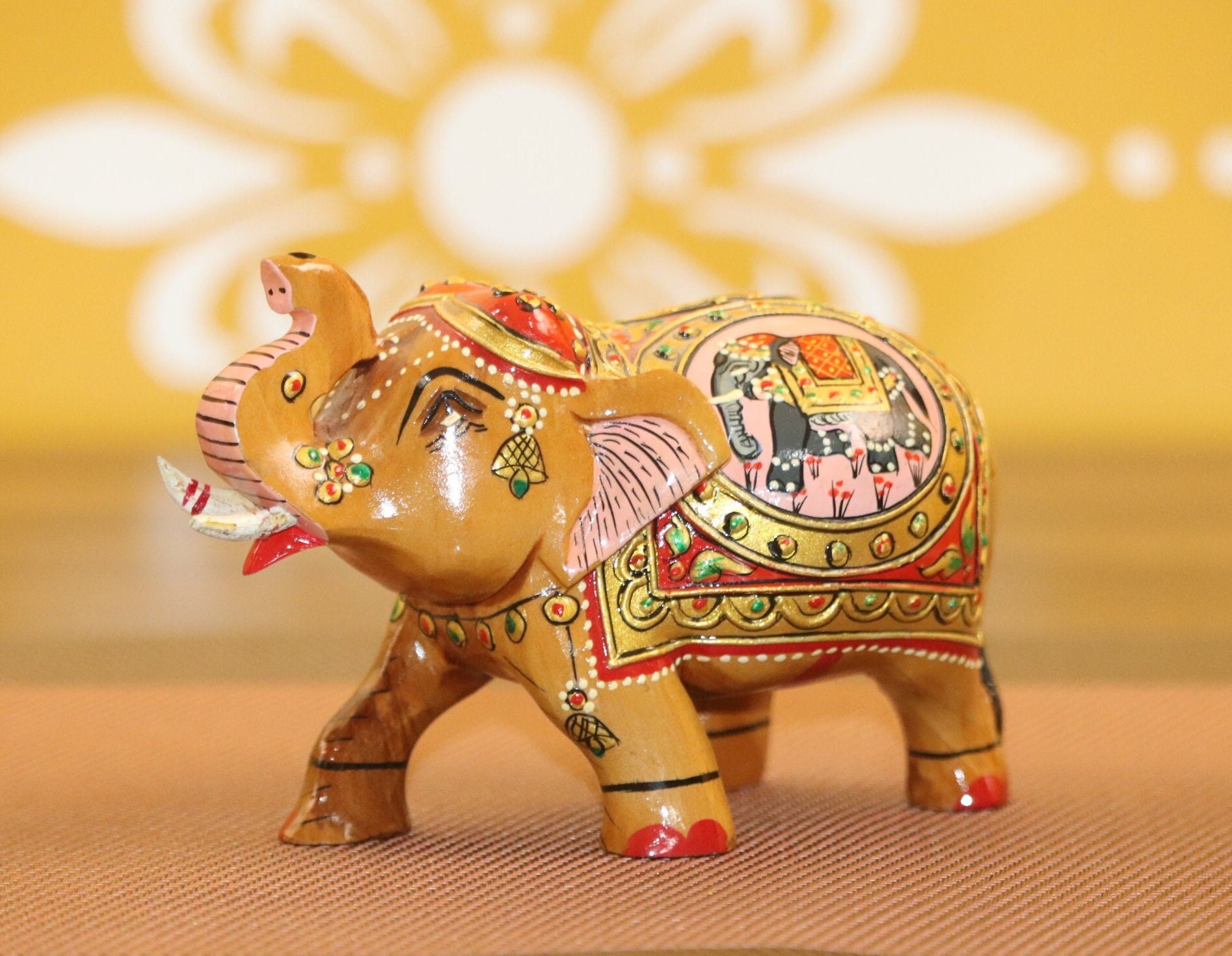 Handmade Wooden Carved Elephant Trunk-Up Indian Style Sculpture Hand Paint| Wood Carved Statue| African Animal Figurine| African Sculpture