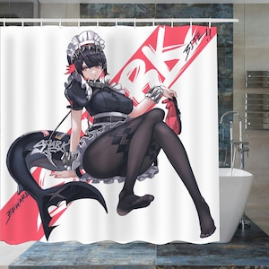 May include: A white shower curtain with a black and red shark illustration. The shark has the word "BEWARE" written on its side. A woman in a black and white maid outfit sits on the shark's tail. The text "SHARK" is written on the shark's body. The text "BITE!!" is written on the top of the curtain.