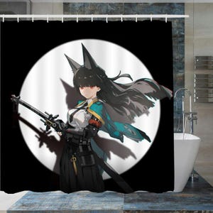 May include: A black and white illustration of a woman with long black hair and red eyes holding a gun. She is wearing a white shirt, a blue and green jacket, and black pants. The background is a black and white circle.