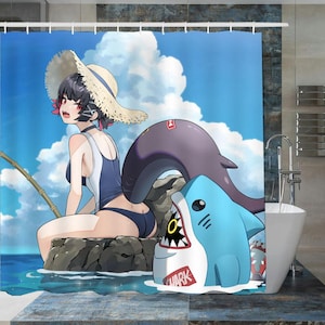 May include: A woman with red hair and a straw hat sits on a rock with a large blue shark behind her. The shark has a large mouth with sharp teeth and the word "SHARK" written on its side. The woman is wearing a blue and white swimsuit and has a large, dark blue fish tail.