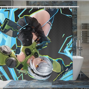 May include: A shower curtain featuring a digital illustration of a woman with white hair and green eyes. She is wearing a green and black outfit and a gas mask. The background is black with blue and yellow lightning bolts.