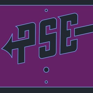 May include: A purple background with a black arrow pointing to the left and the text "PSE" in black.