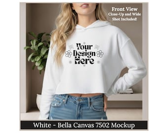 Vit Bella Canvas 7502 Dam Cropped Hoodie Mockup | Närbild och vidvinkelbild ingår | POD