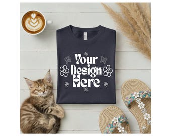 Heather Navy Bella Canvas 3001 T-shirt Flat Lay Mockup - Boho Design - POD