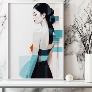 Touch of Blue, Asian Girl, Gallery Wall Prints, Wall Decor Gift, Printable DIGITAL DOWNLOAD, Modern Art, Poster, Minimalist Japanese Wall Ar