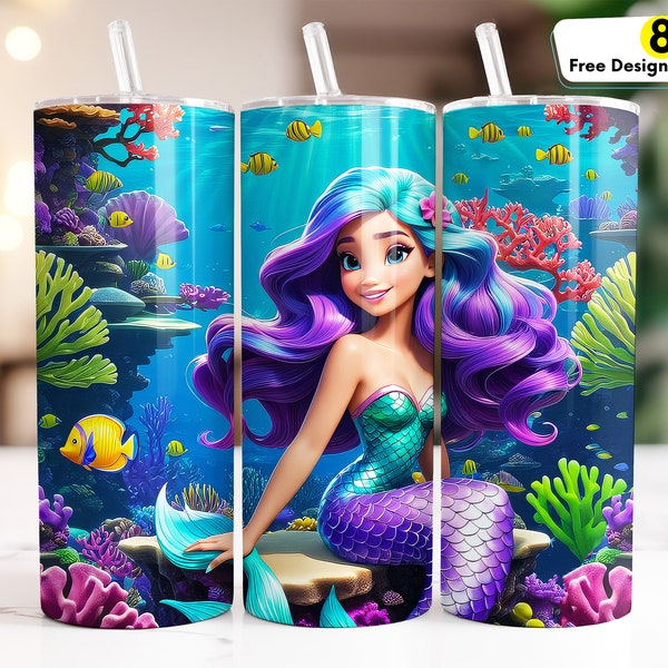 Mermaid Princess 20 oz Skinny Tumbler Wrap Seamless Sublimation Design DIGITAL DOWNLOAD PNG Instant, Marine Life, Mermaid Tumbler Wrap