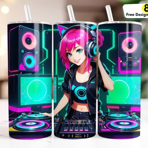 Anime DJ Girl Tumbler Wrap 20oz Skinny Sublimation Design, Straight and Tapered, Instant DIGITAL Download PNG, Music Themed Tumbler Wrap png