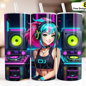 Anime DJ Girl 20oz Skinny Tumbler Wrap Sublimation Design, Straight and Tapered, Instant DIGITAL Download PNG, Music Themed Tumbler Wrap png