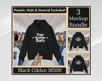 Black Gildan 18500 Unisex Hooded Sweatshirt Mockup Bundle - Streetwear Shop Hanger Design-v1