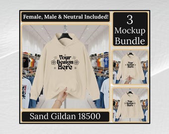 Sand Gildan 18500 Unisex Hooded Sweatshirt Mockup Bundle - Streetwear Shop Hanger Design-v1
