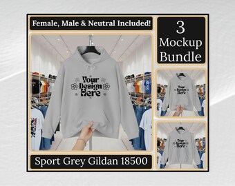 Sport Grey Gildan 18500 Unisex Hooded Sweatshirt Mockup Bundle - Streetwear Shop Hanger Design-v1
