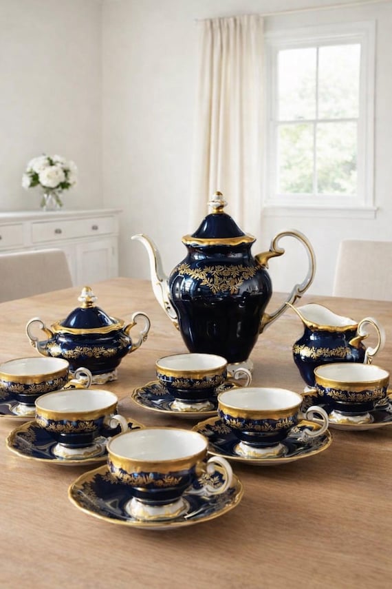 Weimar Porcelain Tea Set Vintage Cobalt Blue Gold Echt Weimar