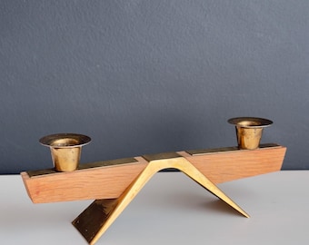 ミッドセンチュリーヴィンテージチーク木製ガラスキャンドルホルダー