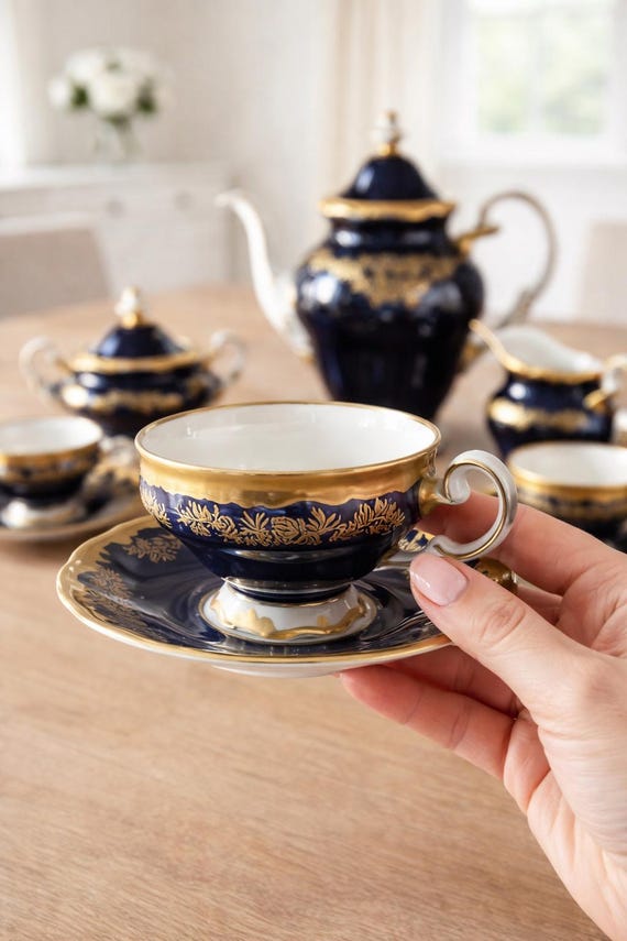 Weimar Porcelain Tea Set Vintage Cobalt Blue Gold Echt Weimar