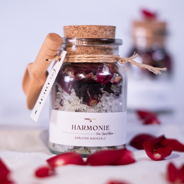 Badesalz 150ml HARMONIE, Aroma Badesalz, Dufttherapie, Badesalz Geschenk, Badesalz mit Rosenblüten und Lavendelblüten