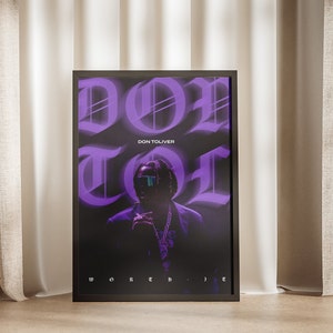 May include: A black framed poster with a purple and white graphic design. The poster features the text "DON TOLIVER" and a person wearing sunglasses and a chain.